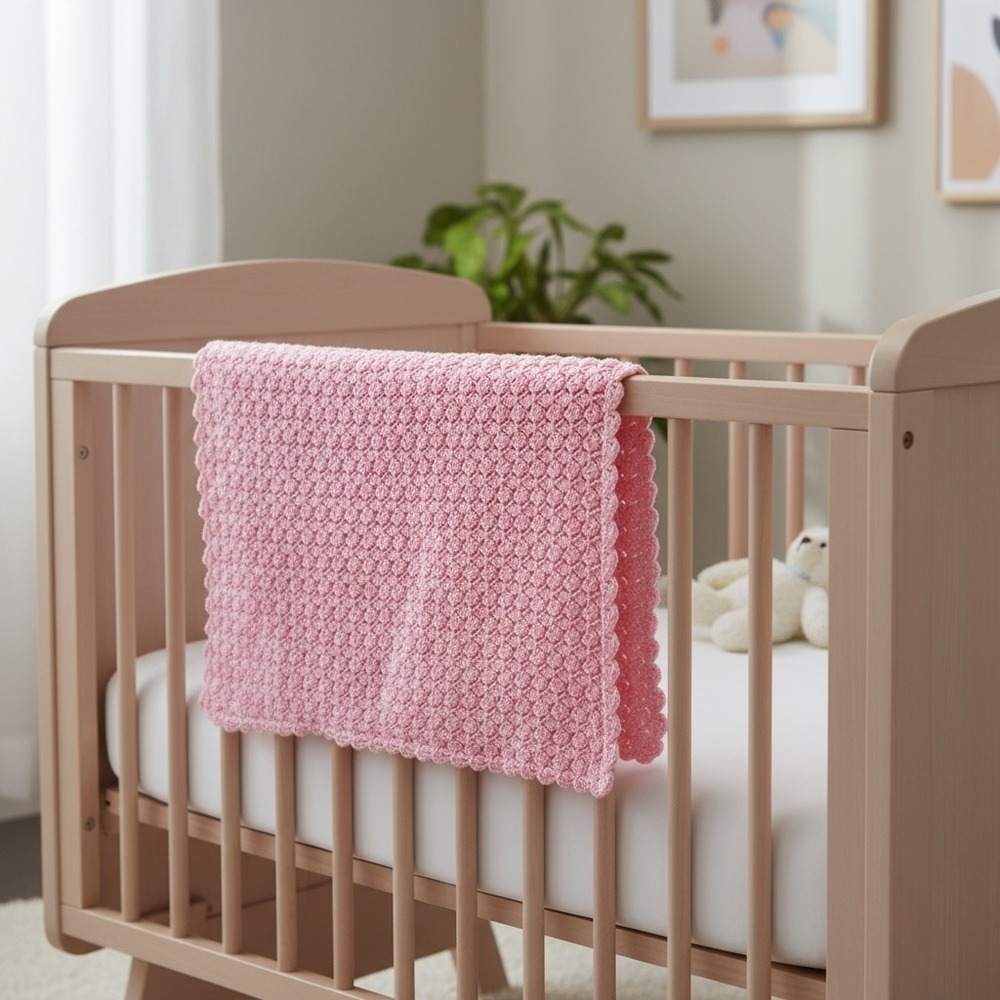 Handmade Pink Crochet Baby Blanket Shell Stitch Scalloped Edge Nursery Wrap